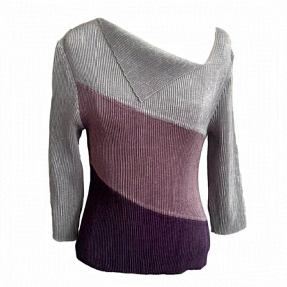 Purple Gray Colourblock Accordion Pleated Springy Stretchy Long Sleeve Top - S - Picture 1 of 9